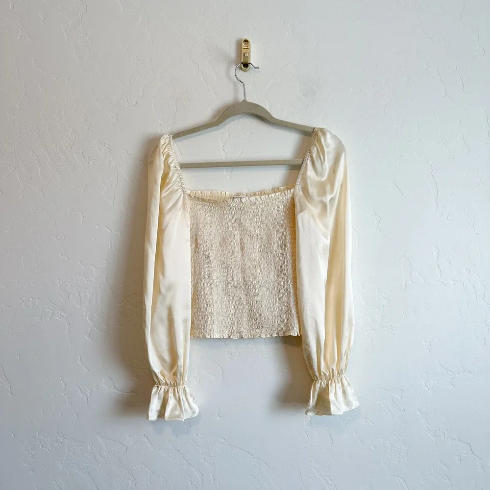 Reformation | Chamomile 100% Silk Smocked Satin Long Sleeve Top in Custard